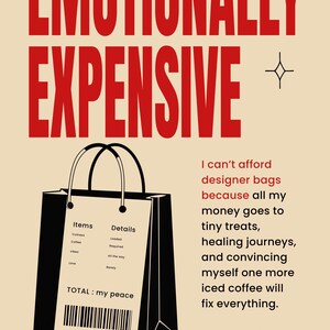 Funny mental health printable wall art featuring bold red typography, shopping bag illustration, self-care humor quote, dopamine decor, and trendy gallery wall aesthetic.