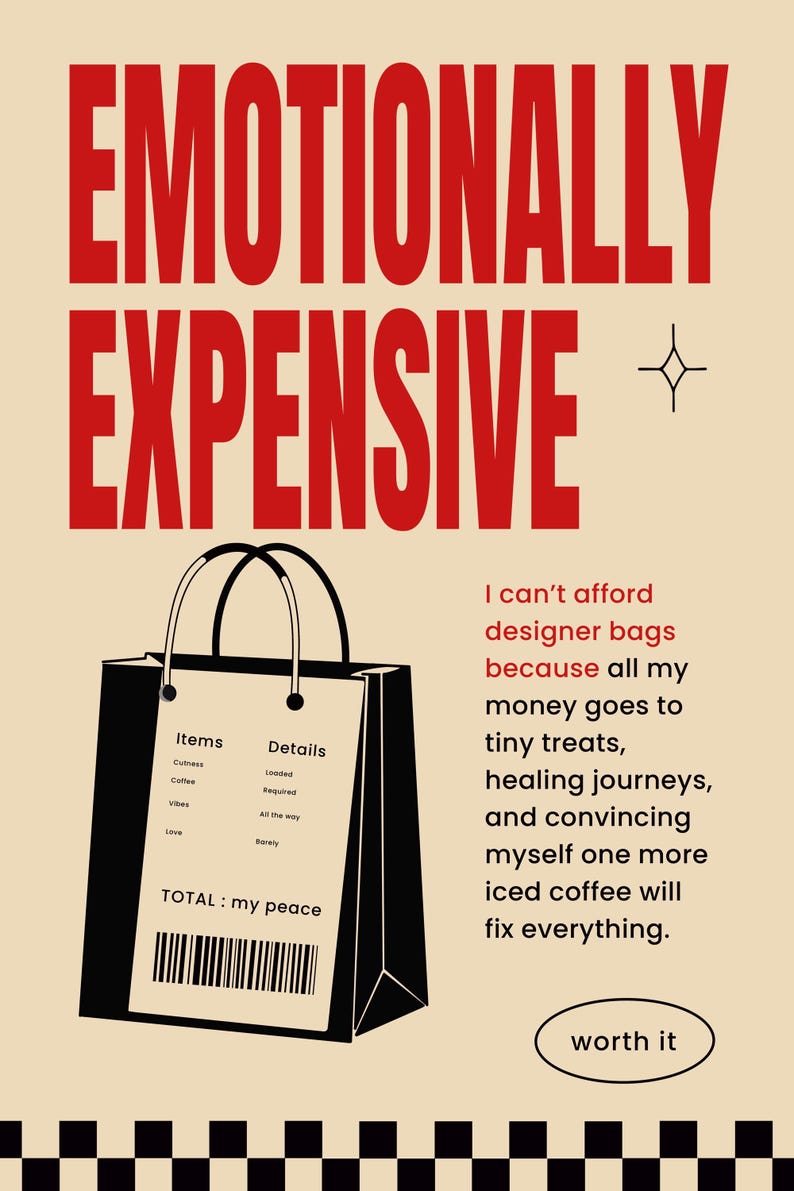 Funny mental health printable wall art featuring bold red typography, shopping bag illustration, self-care humor quote, dopamine decor, and trendy gallery wall aesthetic.