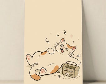 Lámina decorativa de gato divertida para imprimir, póster de gato perezoso con hierba gatera, estampado de gato kawaii adorable, regalo para amantes de los gatos, decoración animal original, descarga digital.