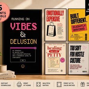 Set of funny therapy-themed wall art prints featuring sarcastic mental health quotes and humorous emotional support artwork.