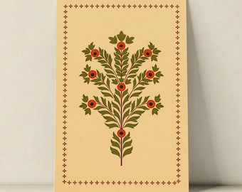 Puede incluir: Una impresión rectangular sobre un fondo crema claro que presenta una ilustración central de un árbol estilizado con hojas verde oliva y pequeñas flores circulares naranjas. El diseño está rodeado por un borde marrón oscuro.