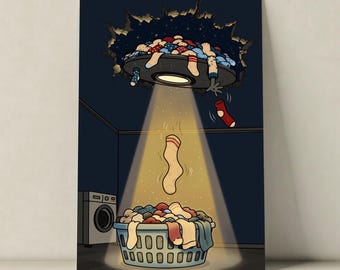 Lámina decorativa imprimible con diseño de ovni y calcetines perdidos, divertida decoración para el cuarto de lavado, póster de abducción alienígena, decoración retro para el hogar, descarga digital.