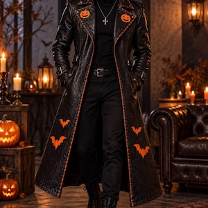 Könnte beinhalten: Ein langer schwarzer Trenchcoat mit orangefarbenen Kürbisaufnähern an den Revers und orangefarbenen Fledermaussilhouetten auf den unteren Vorderteilen. Der Mantel hat eine strukturierte Oberfläche, einen Gürtel und orangefarbene Kanten.