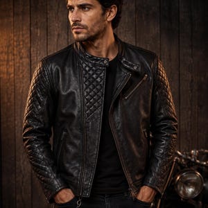 May include: A black leather jacket featuring a quilted pattern on the shoulders and sleeves, a stand-up collar with a snap button closure, a diagonal zippered chest pocket, and two lower zippered pockets, worn over a plain black t-shirt.