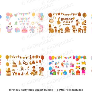 May include: A collection of colorful birthday party-themed clipart. The images include balloons, cakes, banners, and cartoon characters. Text in the image reads "Birthday Party Kids Clipart Bundle - 8 PNG Files Included."