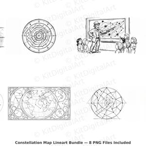 Può includere: Illustrazioni in bianco e nero di arte lineare a tema celeste. Include un libro aperto con costellazioni, un insegnante che indica una carta stellare e varie mappe stellari. Il testo "Constellation Map Lineart Bundle - 8 PNG Files Included" è in basso.