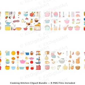 May include: A collection of colorful, cartoon-style kitchen clipart, including pots, pans, utensils, and food items. The image features a variety of cooking-related illustrations, perfect for culinary projects. The text at the bottom reads "Cooking Kitchen Clipart Bundle - 8 PNG Files Included."
