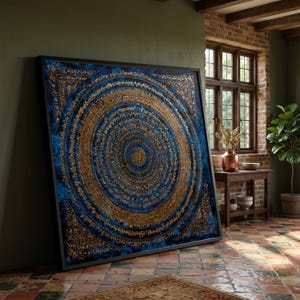 May include: Large framed artwork featuring a blue and gold circular design with intricate patterns. The artwork is leaning against a dark green wall in a room with a brick wall and a wooden table.