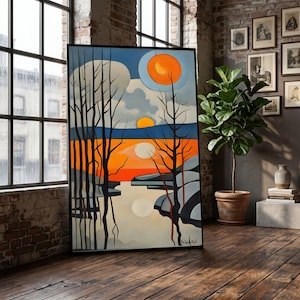 Abstract Sunset Landscape Canvas, Modern Nature Scene, Lake Reflection Wall Art, Bold Colorful Trees, Contemporary Canvas Decoration