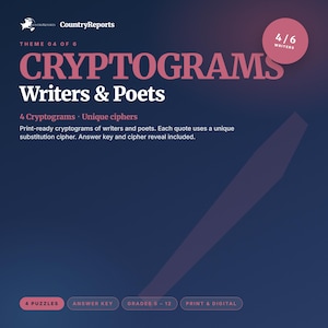 May include: A navy blue graphic with the text "CRYPTOGRAMS Writers & Poets." The image promotes print-ready cryptograms of writers and poets, including unique ciphers, answer keys, and cipher reveals. The theme is "Theme 04 of 6" with "4/6 Writers."