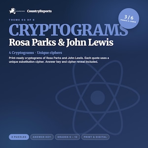 May include: A navy blue graphic with the text "CRYPTOGRAMS Rosa Parks & John Lewis." The image includes the text "4 Cryptograms Unique ciphers" and "Print & Digital." A light blue circle in the upper right corner says "3/6 Parks & Lewis."