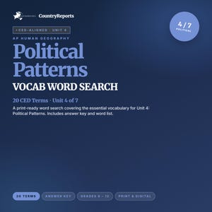 May include: A dark blue educational resource titled "Political Patterns" with the text "VOCAB WORD SEARCH." The resource is for AP Human Geography, Unit 4, and includes 20 CED terms. A circular graphic indicates "4/7 POLITICAL."