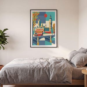London reimagined as a mid-century modern travel poster — a red double-decker bus crossing Westminster Bridge beneath Big Ben, in bold teal, mustard and red. A cheerful graphic statement for a gallery wall, hallway or office.