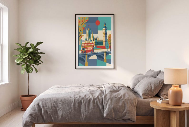 London reimagined as a mid-century modern travel poster — a red double-decker bus crossing Westminster Bridge beneath Big Ben, in bold teal, mustard and red. A cheerful graphic statement for a gallery wall, hallway or office.