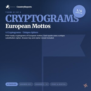 European Mottos Cryptograms | 4 Printable Puzzles with Answer Key | National Mottos Activity | Grades 8-12 PDF