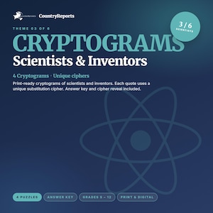 May include: A blue and white graphic with the text "CRYPTOGRAMS Scientists & Inventors." The image includes the CountryReports logo, a science-themed graphic, and the text "4 Cryptograms Unique ciphers."