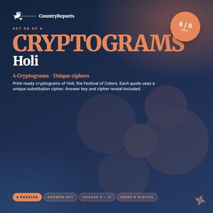 Holi Festival Cryptograms • 4 Unique Puzzles, Answer Key (PDF Download)