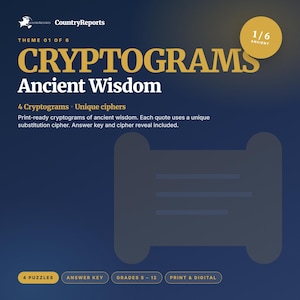 May include: A dark blue graphic with the text "CRYPTOGRAMS Ancient Wisdom" in gold. The image promotes print-ready cryptograms of ancient wisdom, including an answer key and cipher reveal. The theme is "Ancient" and includes 4 puzzles.