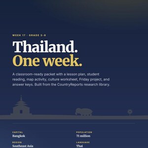 May include: A dark blue educational packet titled "Thailand. One week." with information about Thailand, including the capital Bangkok, Southeast Asia region, and a population of 71 million. The packet includes a lesson plan, student reading, and worksheets.