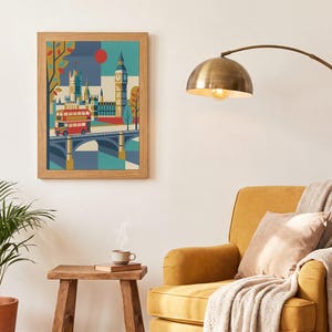 London reimagined as a mid-century modern travel poster — a red double-decker bus crossing Westminster Bridge beneath Big Ben, in bold teal, mustard and red. A cheerful graphic statement for a gallery wall, hallway or office.