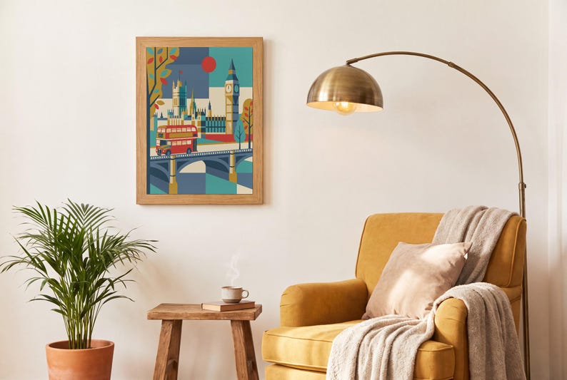 London reimagined as a mid-century modern travel poster — a red double-decker bus crossing Westminster Bridge beneath Big Ben, in bold teal, mustard and red. A cheerful graphic statement for a gallery wall, hallway or office.