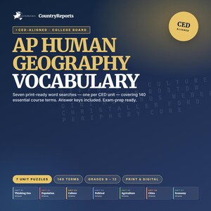 May include: A navy blue graphic with the text "AP HUMAN GEOGRAPHY VOCABULARY." The image includes the text "CED-ALIGNED COLLEGE BOARD" and "Seven print-ready word searches - one per CED unit - covering 140 essential course terms."