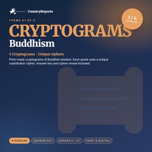 Criptogramas budistas / 4 rompecabezas imprimibles con clave de respuestas / Actividad sobre religiones del mundo / PDF para grados 8-12