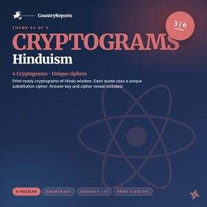 Hinduism Cryptograms | 4 Printable Puzzles with Answer Key | World Religions Activity | Grades 8-12 PDF