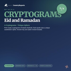 Eid Ramadan Cryptograms | 4 Islamic Festival Puzzles, Answer Key (Digital Download)