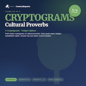 May include: A digital product with the title "CRYPTOGRAMS Cultural Proverbs" on a dark blue background. The product includes 4 cryptograms with unique ciphers, answer keys, and cipher reveals. The product is designed for grades 5-12.