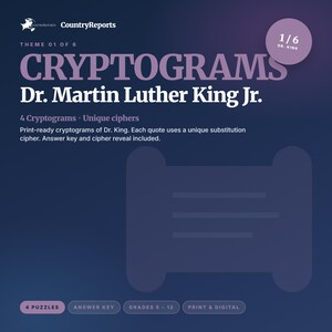 May include: A dark blue graphic with the title "CRYPTOGRAMS" and the text "Dr. Martin Luther King Jr." The image includes the text "4 Cryptograms Unique ciphers" and other details about the product.