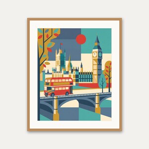 London reimagined as a mid-century modern travel poster — a red double-decker bus crossing Westminster Bridge beneath Big Ben, in bold teal, mustard and red. A cheerful graphic statement for a gallery wall, hallway or office.
