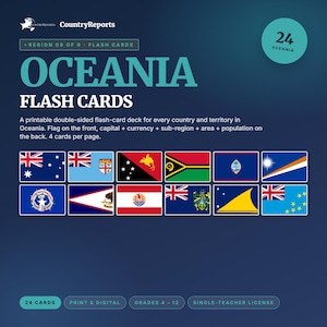 May include: A teal graphic with the text "OCEANIA FLASH CARDS" and the CountryReports logo. The image displays 12 country flags from Oceania. The text indicates the flash cards are printable and double-sided, with 24 cards total.