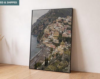ポジターノの丘陵地帯の油絵プリント｜イタリアの壁掛けアート、ギャラリーラップキャンバス