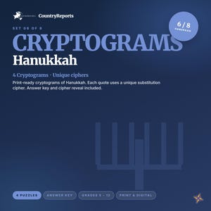 Hanukkah Cryptograms | 4 Printable Puzzles with Answer Key | Holidays Around World Activity | Grades 8-12 PDF