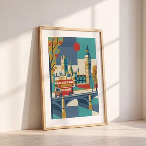 London reimagined as a mid-century modern travel poster — a red double-decker bus crossing Westminster Bridge beneath Big Ben, in bold teal, mustard and red. A cheerful graphic statement for a gallery wall, hallway or office.