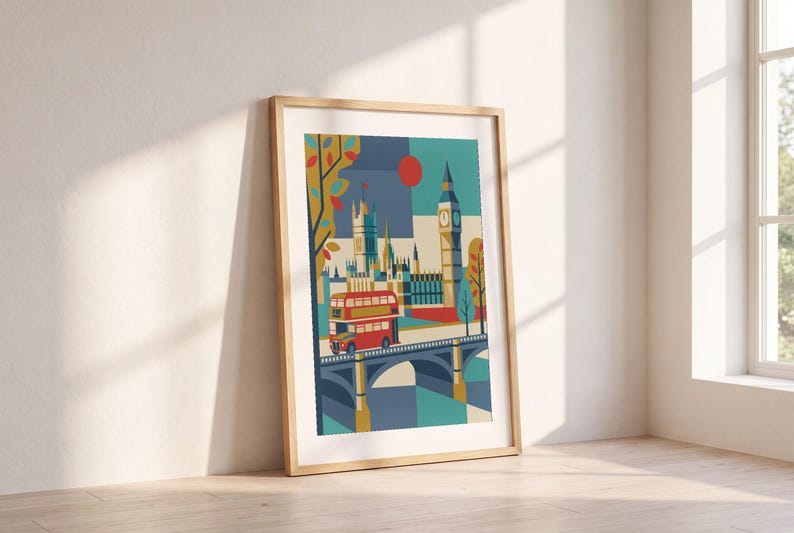 London reimagined as a mid-century modern travel poster — a red double-decker bus crossing Westminster Bridge beneath Big Ben, in bold teal, mustard and red. A cheerful graphic statement for a gallery wall, hallway or office.