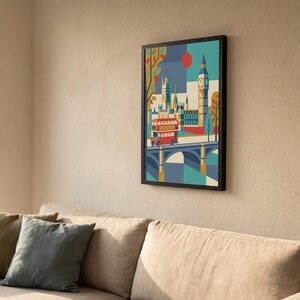 London reimagined as a mid-century modern travel poster — a red double-decker bus crossing Westminster Bridge beneath Big Ben, in bold teal, mustard and red. A cheerful graphic statement for a gallery wall, hallway or office.