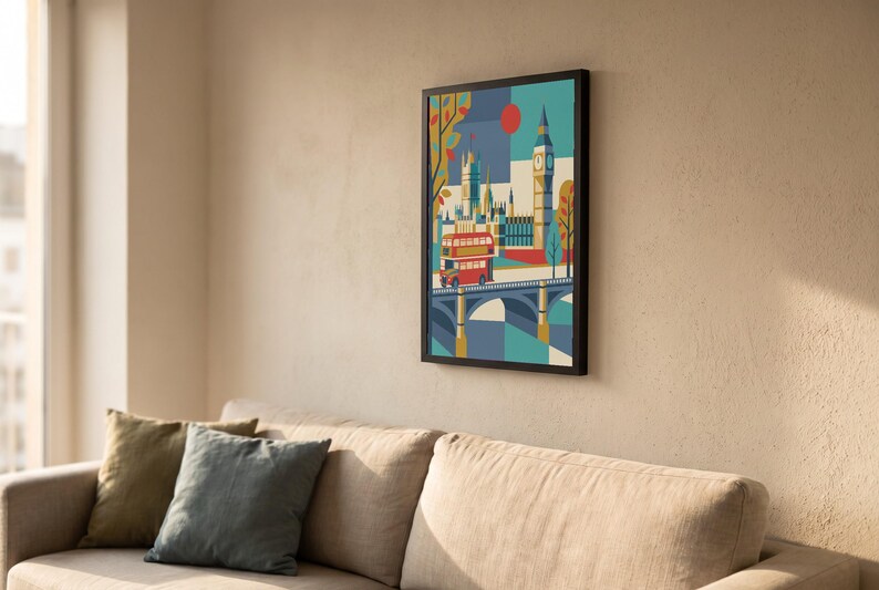London reimagined as a mid-century modern travel poster — a red double-decker bus crossing Westminster Bridge beneath Big Ben, in bold teal, mustard and red. A cheerful graphic statement for a gallery wall, hallway or office.