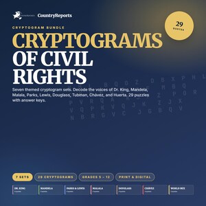 May include: A navy blue graphic with the text "CRYPTOGRAMS OF CIVIL RIGHTS" in gold. The image includes 29 cryptograms with quotes from Dr. King, Mandela, and others. The image also includes the text "7 SETS", "29 CRYPTOGRAMS", "GRADES 5-12", and "PRINT & DIGITAL".