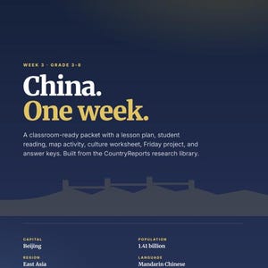 May include: A navy blue educational resource titled "China. One week." includes information on Beijing, East Asia, and Mandarin Chinese. The classroom-ready packet is for grades 3-8 and includes a lesson plan and worksheets.