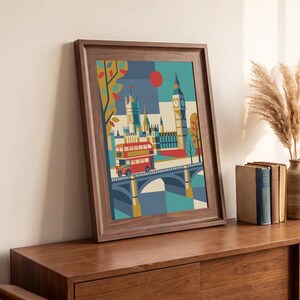 London reimagined as a mid-century modern travel poster — a red double-decker bus crossing Westminster Bridge beneath Big Ben, in bold teal, mustard and red. A cheerful graphic statement for a gallery wall, hallway or office.