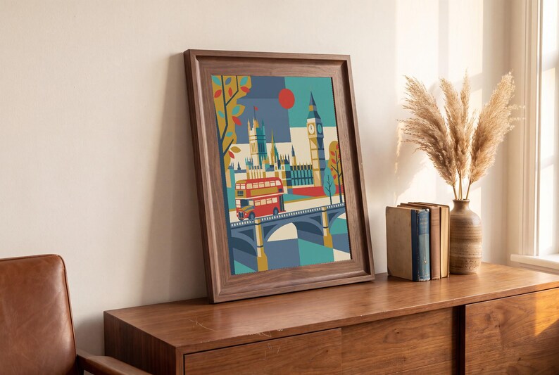 London reimagined as a mid-century modern travel poster — a red double-decker bus crossing Westminster Bridge beneath Big Ben, in bold teal, mustard and red. A cheerful graphic statement for a gallery wall, hallway or office.