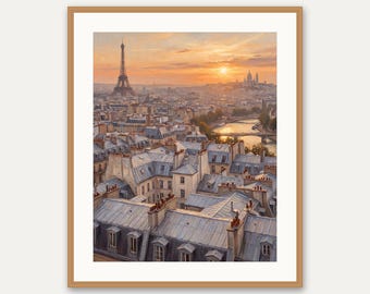 パリのスカイラインプリント、ゴールデンアワーのエッフェル塔ウォールアート、温かい屋根の夕日装飾、即時ダウンロード
