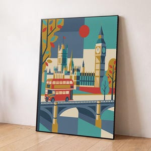 London reimagined as a mid-century modern travel poster — a red double-decker bus crossing Westminster Bridge beneath Big Ben, in bold teal, mustard and red. A cheerful graphic statement for a gallery wall, hallway or office.