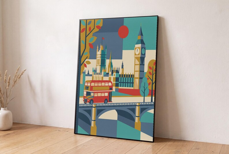 London reimagined as a mid-century modern travel poster — a red double-decker bus crossing Westminster Bridge beneath Big Ben, in bold teal, mustard and red. A cheerful graphic statement for a gallery wall, hallway or office.