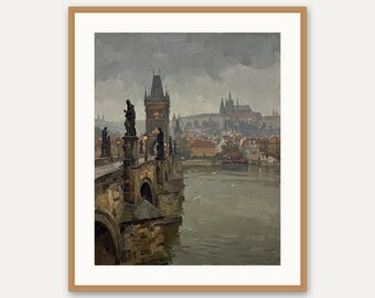 チャールズ橋の油絵、プラハ城、雰囲気のある街並みアート（デジタルダウンロード）