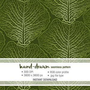 Może przedstawiać: Bezszwowy wzór z zielonymi liśćmi o skomplikowanych szczegółach żyłkowych, na ciemnozielonym tle. Tekst "hand-drawn seamless pattern" jest wyświetlany na dole obrazu.