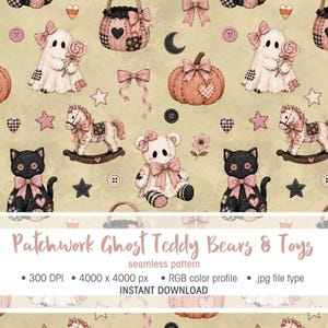 May include: A seamless pattern featuring illustrations of ghosts with lollipops, rocking horses, teddy bears, black cats, pumpkins, bows, stars, and buttons on a beige background. Text reads: Patchwork Ghost Teddy Bears & Toys seamless pattern 300 DPI 4000 x 4000 px RGB color profile .jpg file type INSTANT DOWNLOAD.