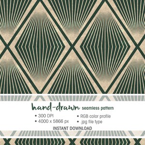 May include: A seamless, hand-drawn pattern featuring a geometric design of diamond shapes with radiating lines. The pattern is in shades of green and beige. The image includes text indicating it is an instant download with details about the file.